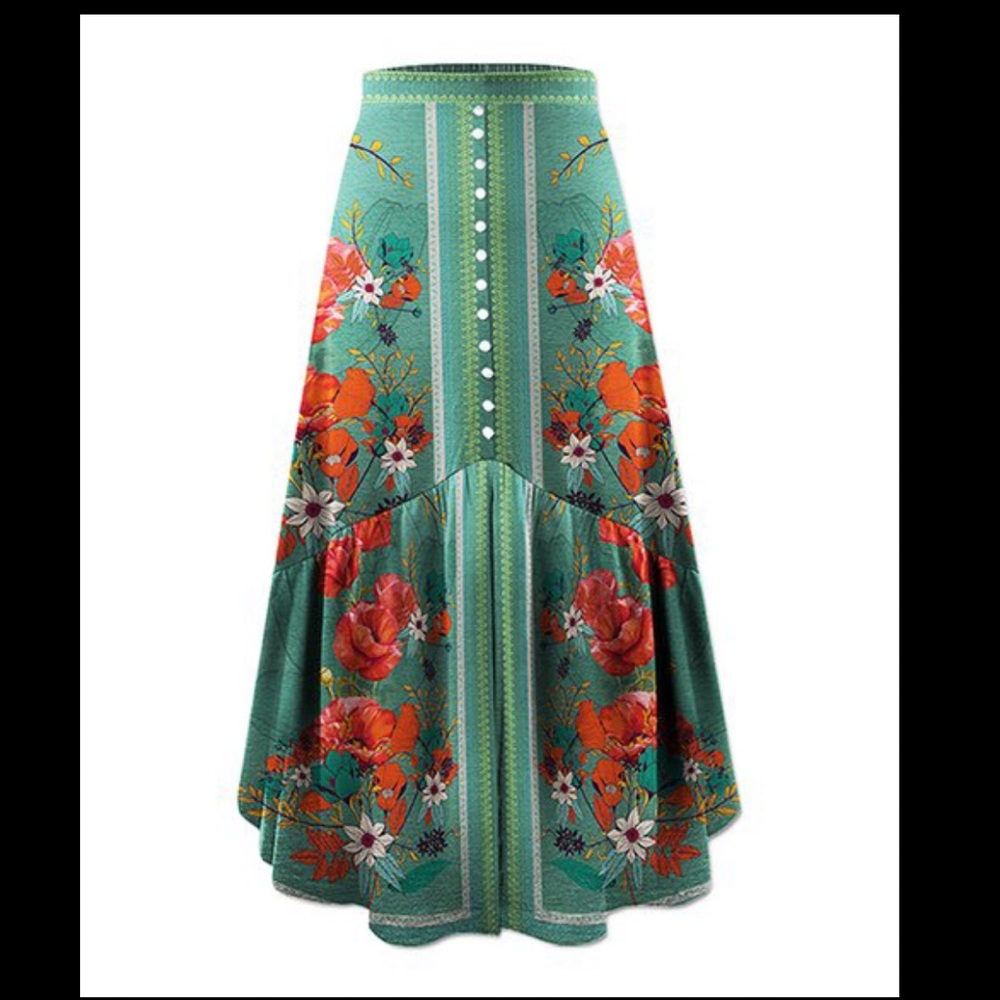NWT Green&Orange Floral Front-Slit Maxi Skirt 2XL